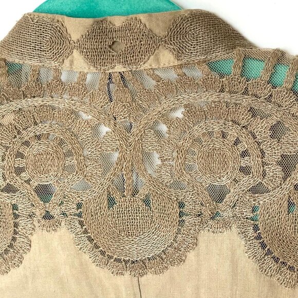 Kobi Halperin Embroidered Linen Blazer Womens XS Tan Open Front Lace Jacket - Picture 6 of 11